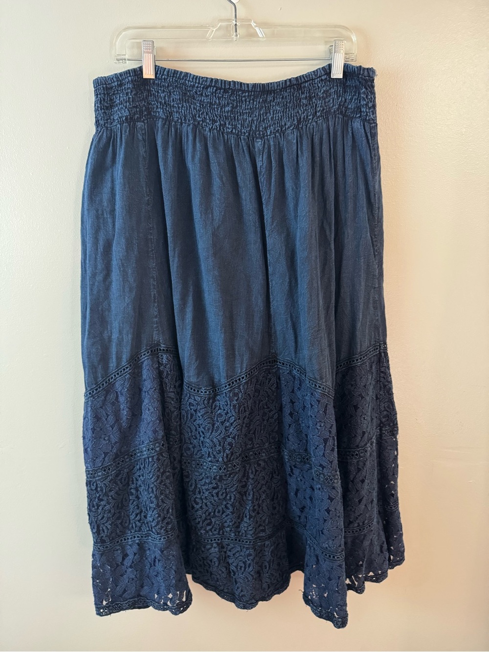 Reba Navy Crochet Hem Maxi Skirt XL Boho Cottagecore Folk Prairie Cotton